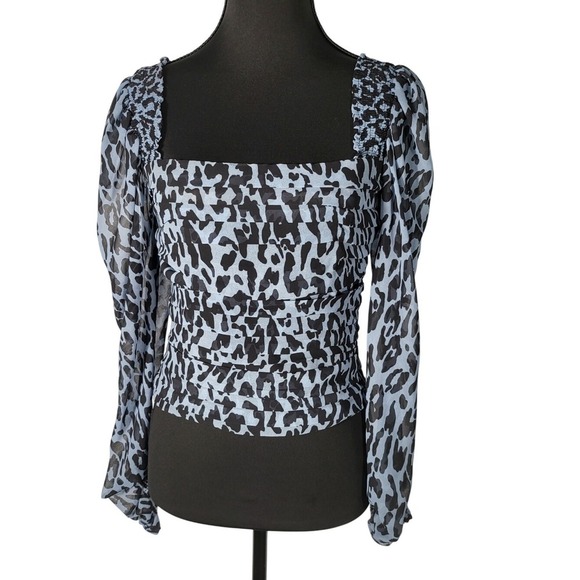 Zara Women's Blue Animal Print Balloon Long Sleeve Pleated Crop - Picture 2 of 10